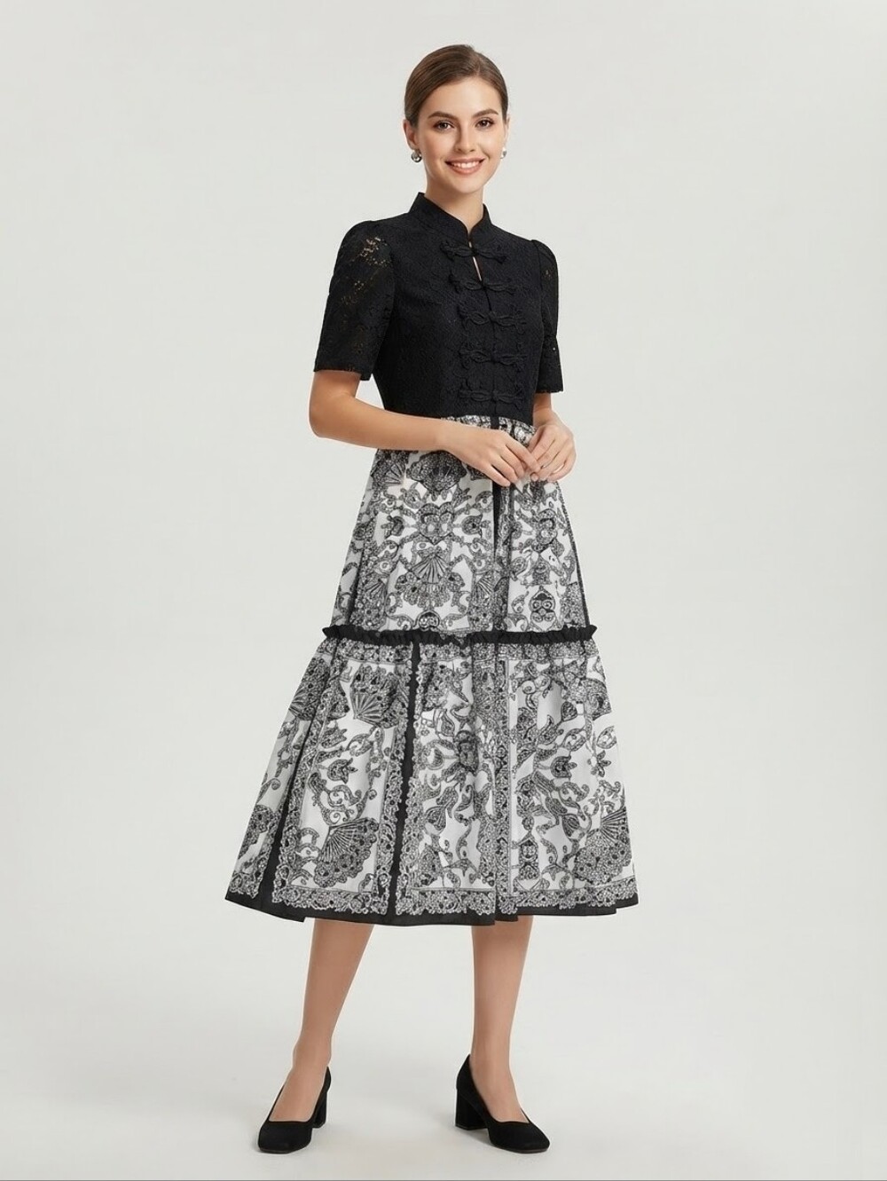 NEW Black Lace & Baroque Midi Dress Size M